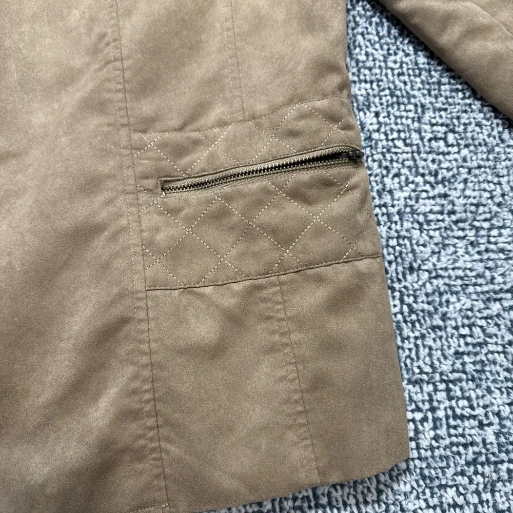 Tanjay Faux Suede Jacket Size 16 Tan Camel Quilted Shoulder Blazer Button Front